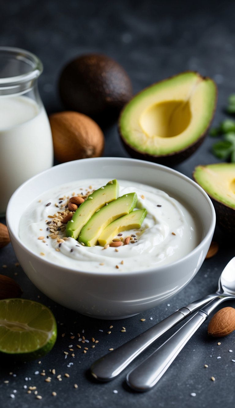 A bowl of Greek yogurt surrounded by ingredients like coconut milk, almond milk, and avocado, symbolizing healthy substitutes for heavy cream