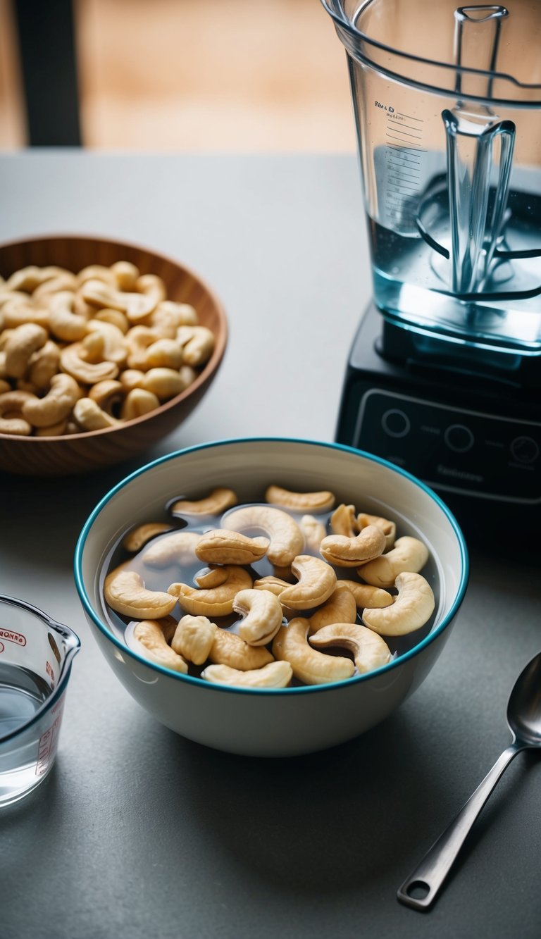 A bowl of cashews soaking in water next to a blender, with a measuring cup of water and a spoon nearby
