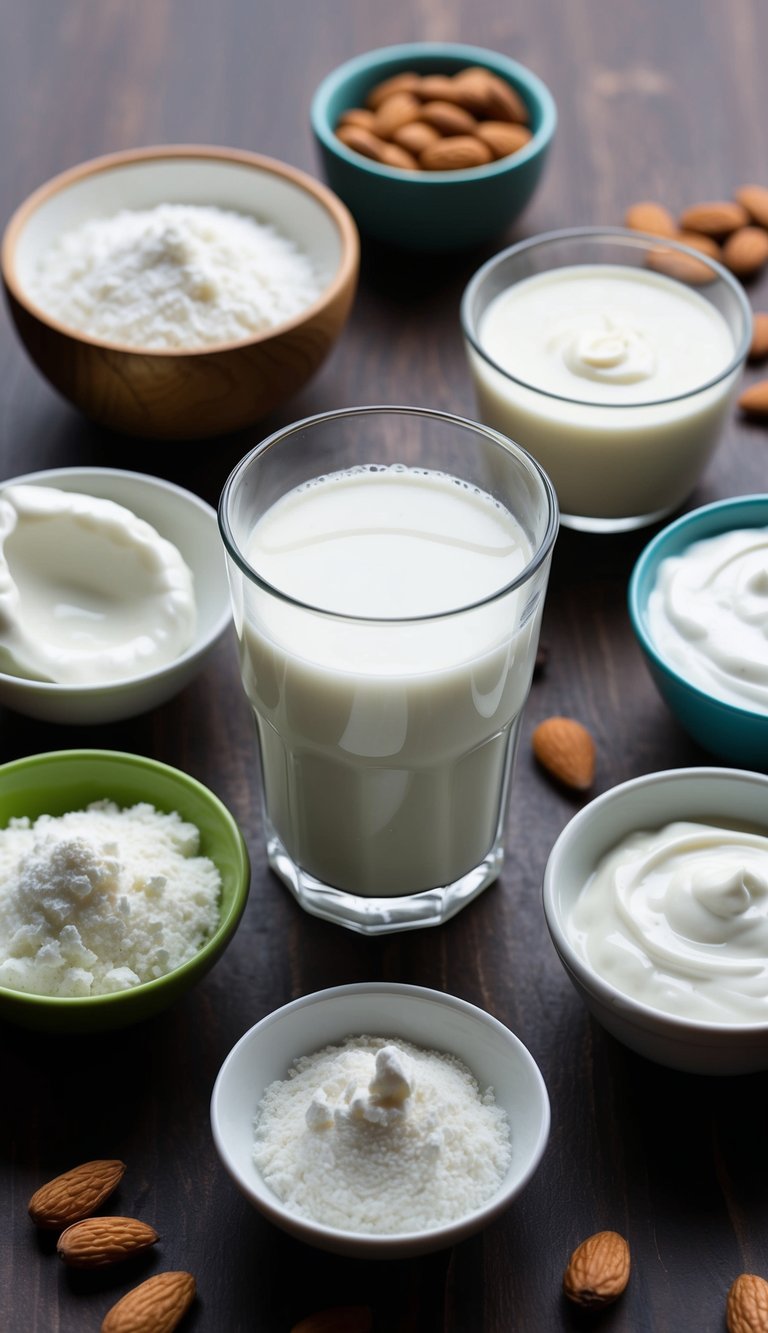A glass of almond milk with a small bowl of cornstarch, surrounded by six different healthy substitutes for heavy cream, such as coconut milk and Greek yogurt
