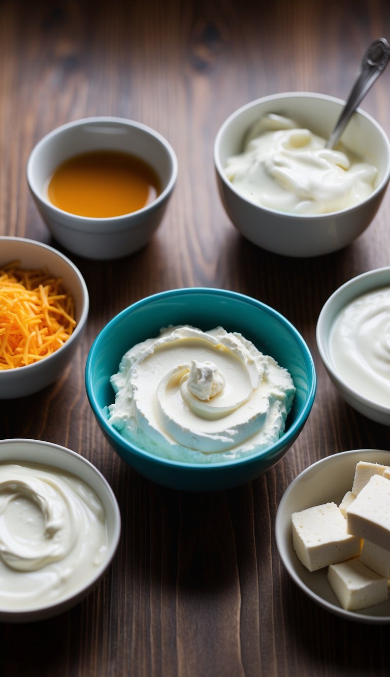 A bowl of cream cheese surrounded by six alternative ingredients, such as coconut milk, Greek yogurt, and silken tofu, arranged on a wooden table