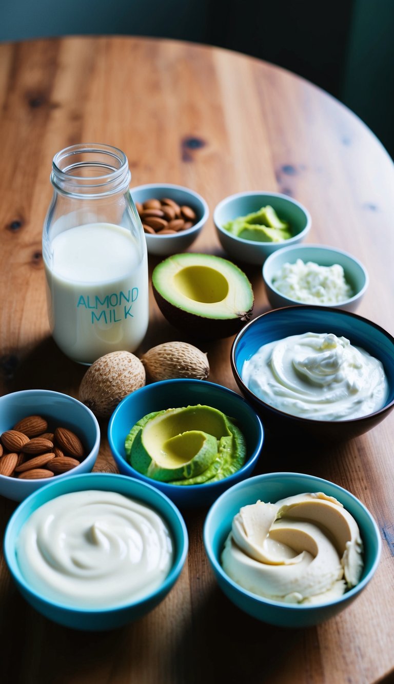 A table with bowls of healthy substitutes: almond milk, Greek yogurt, coconut milk, avocado puree, silken tofu, and cashew cream