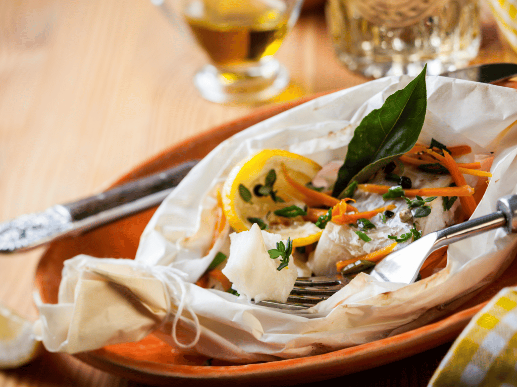 Fish baked in parchment paper