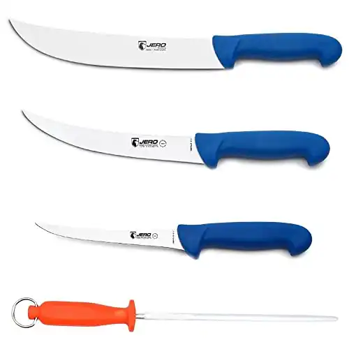 Jero 4 Piece P3 Butcher Meat Processing Set, Cimeter, Breaking, and Boning Knives - Includes Sharpening Steel