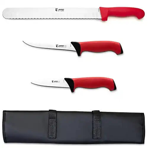 Jero 4 Piece Smoked Meat And Grilling Knife Set - Jero Exclusive Wide Blade Granton Edge Slicer - 6" Boning Knife - 4" Utility Knife - Comes with Knife Roll - Made in Portugal