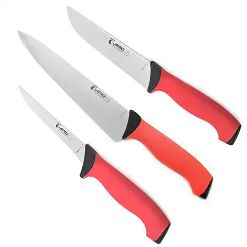 Jero TR Series 3 Piece Kitchen Set - 10. In Chef's Knife, 7 In. Butcher Knife, and 6 In. Straight Boning Knife - Traction Grip Handles - High Carbon Stainless Steel - Made in Portugal