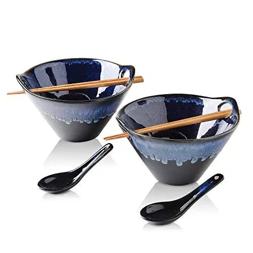 KOOV Porcelain Ramen Bowls and Spoons Set of 2 - Japanese Ramen Noodle Bowl with Chopsticks and Spoons, 26 Ounce Deep Pho Bowl, Reactive Glaze (Blue Galaxy)