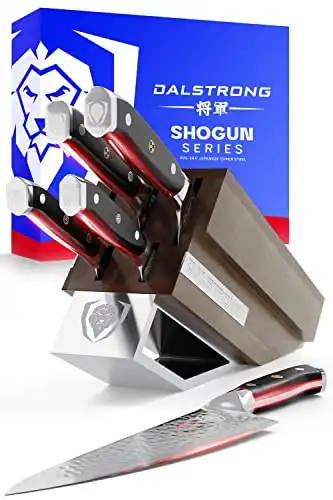 Dalstrong Knife Block Set - 5 Piece - Shogun Series ELITE - AUS-10V High-Carbon Japanese Super Steel - Black G10 Handles - Acacia Wood Stand - Kitchen Knife Set - Cutlery Set