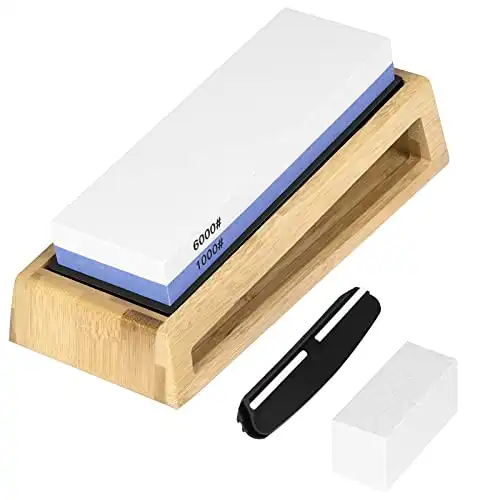 HOSOM Whetstone Knife Sharpening Stone, 2 Sided 1000/6000 Grit Combination Whetstone for Kitchen and Chef Knives, Included Non-Slip Bamboo Base and Angle Guide
