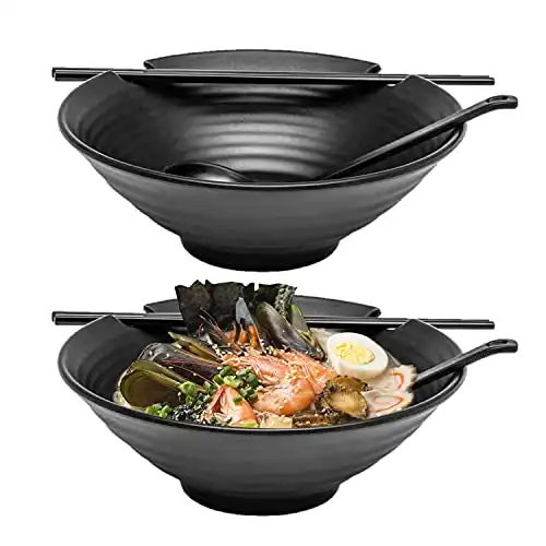 Kimi Cuisine Ramen Bowl Set of 2, 6pcs Total with Chopsticks, Black Melamine Bowls with Soup Ladle Spoons and Large 37 oz