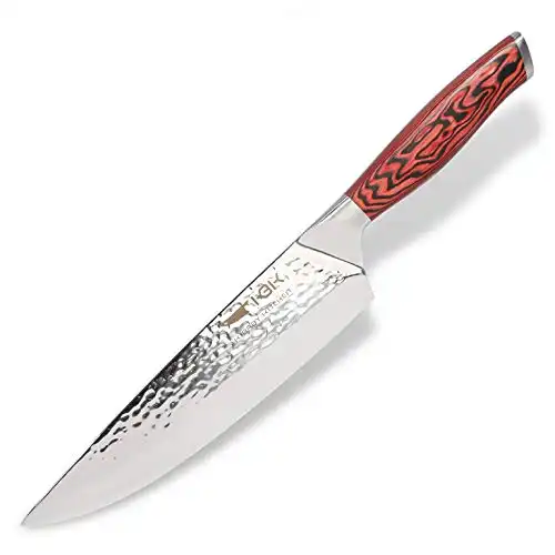 KBK Kitchen Cooking Chef Knife 8 Inch Hammer Finished Blade Full Tang Red Pakka Wood Handle High Carbon Japanese Stainless 58HRC Super Sharp Edged
