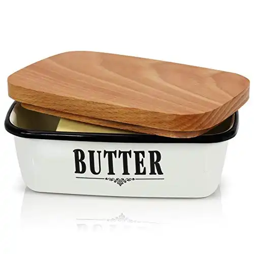 Granrosi Farmhouse Butter Dish - Beautiful Enamel Butter Container With Wooden Lid Keeps Your Butter Soft and Enhances Your Kitchen Decor…