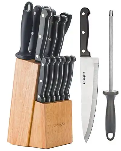 Kitchen Knife Set Knive Block Set 14 Piece Kitchen Knives Rubber Wooden Block Knife Set For Home Cooking Culinary School Commercial Kitchen Summerhouse Gift