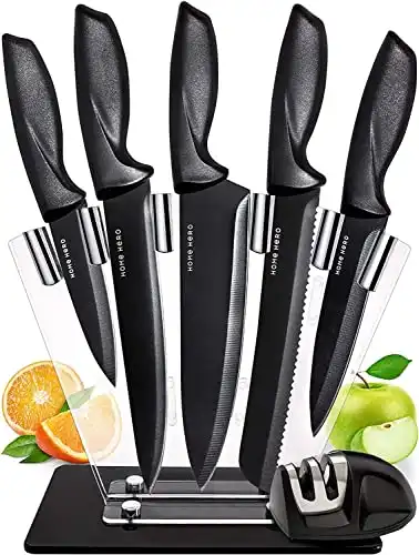 Home Hero Kitchen Knife Set, Steak Knife Set & Kitchen Utility Knives - Ultra-Sharp High Carbon Stainless Steel Knives with Ergonomic Handles (7 Pc Set, Black)