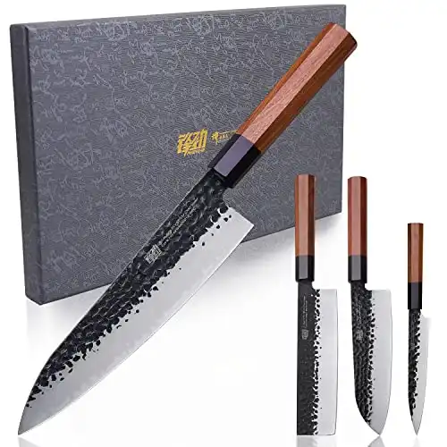 FINDKING Dynasty Series 4PCS Kitchen Knife Set, Professional Japanese Chef Knife Set, 9Cr18MoV High Carbon Steel Blade, African Rosewood Octagonal Handle, for Meat, Fruits, Vegetables