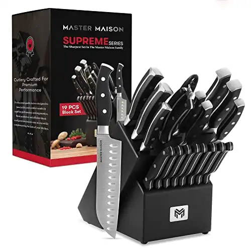 19-Piece Kitchen Knife Set With Wooden Knife Block - German Stainless Steel Knife Set for Kitchen with Block, Paring, Chefs, Santoku, Carving, Utility & 8 Steak Knives - Knife Sharpener & Shea...