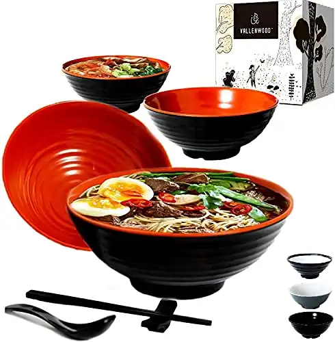 4 set, 16 pieces. Ramen Bowl Set, Asian Japanese soup with Spoons Chopsticks and Stands, Restaurant Quality Melamine, Large 37 oz for Noodles, Pho, Noodle, Udon, Thai, Chinese dinnerware.