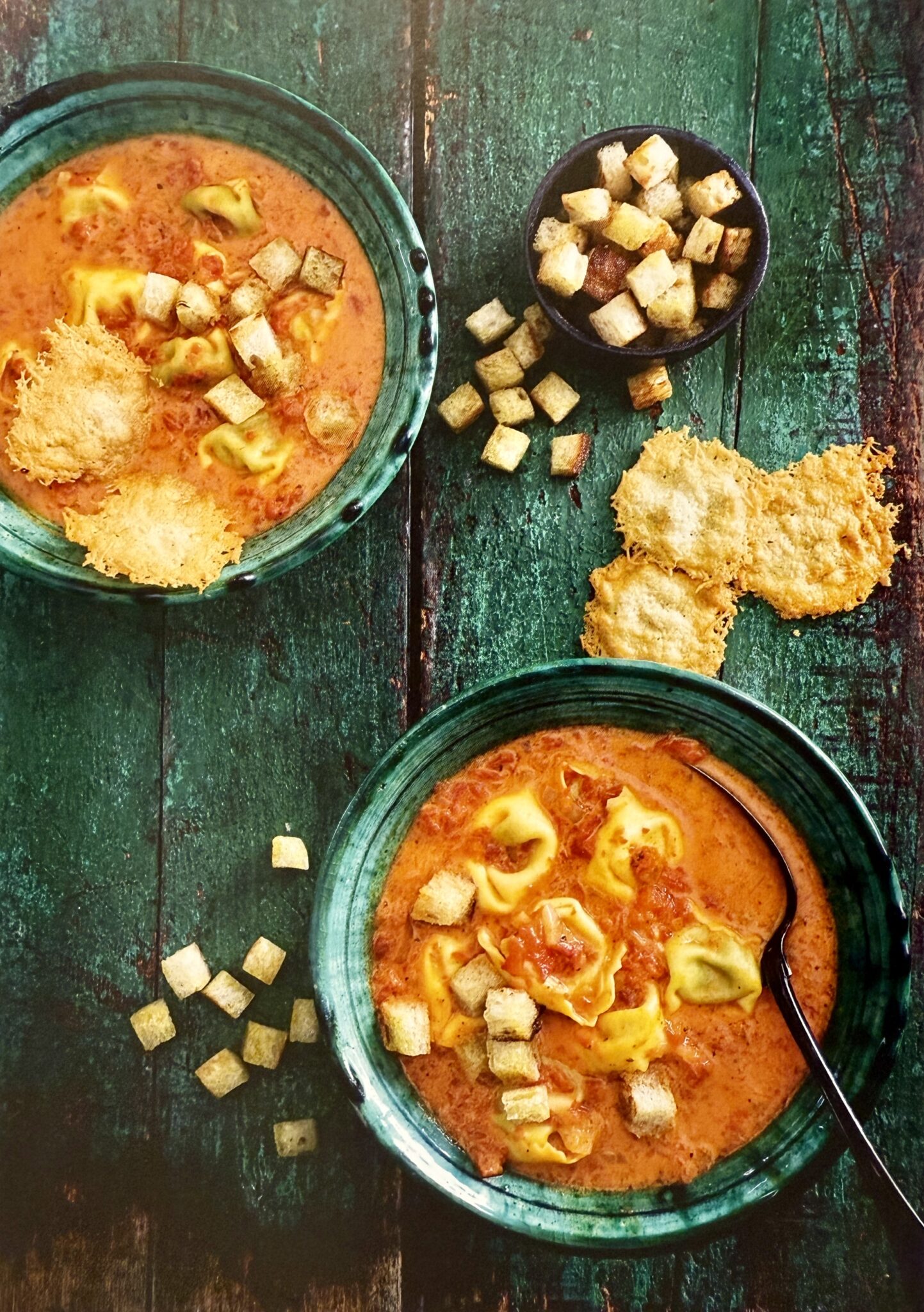 Paprika and Tortellini Soup with Croutons and Parmesan Chips My