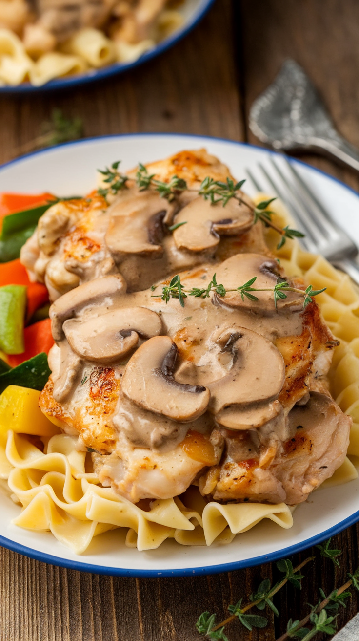 Savory Chicken Thighs with Creamy Mushroom Sauce Sautéed chicken thighs with creamy mushroom sauce on fettuccine pasta, garnished with thyme on a rustic table.