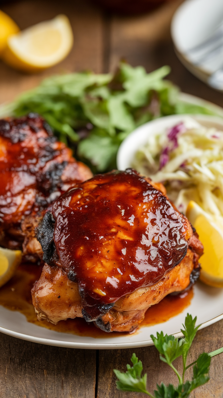 Delicious BBQ chicken thighs glistening with sauce, served on a rustic table with greens and coleslaw.