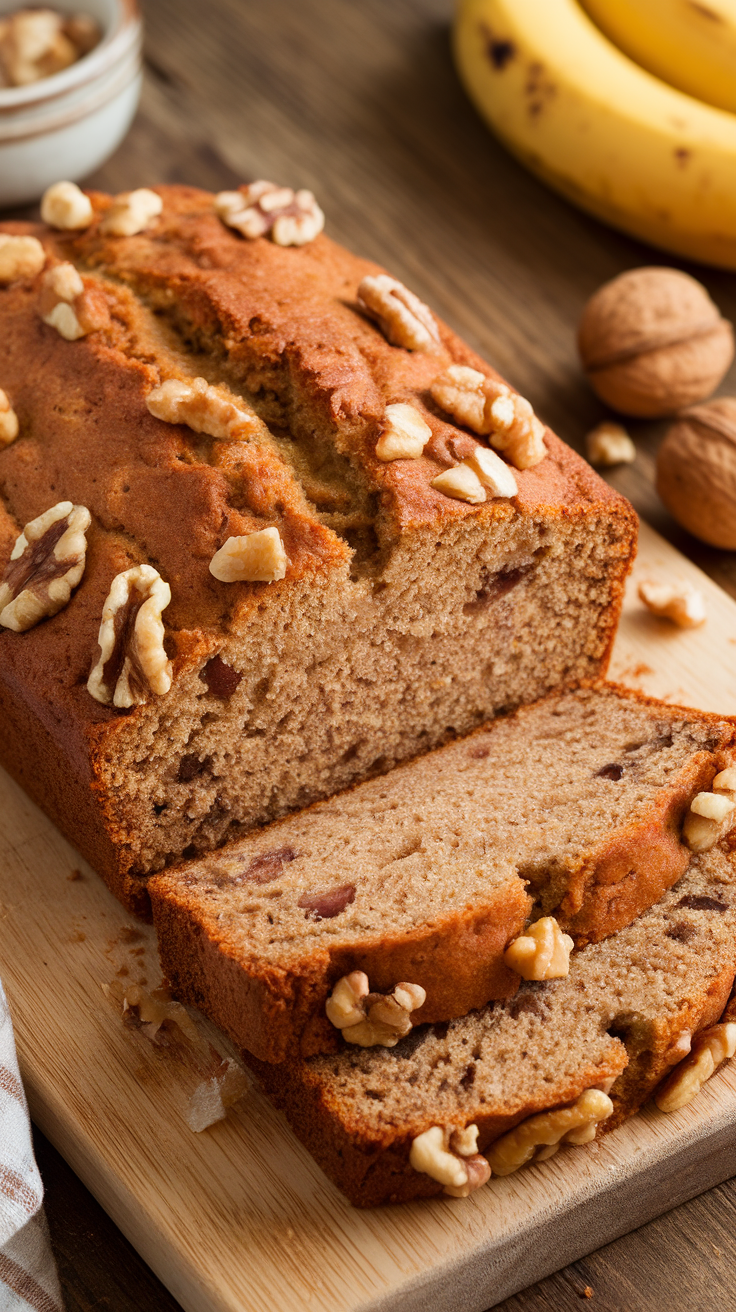 Moist and Delicious Nutty Banana Bread Recipe A loaf of nutty banana bread with chopped walnuts on a cutting board, surrounded by ripe bananas.