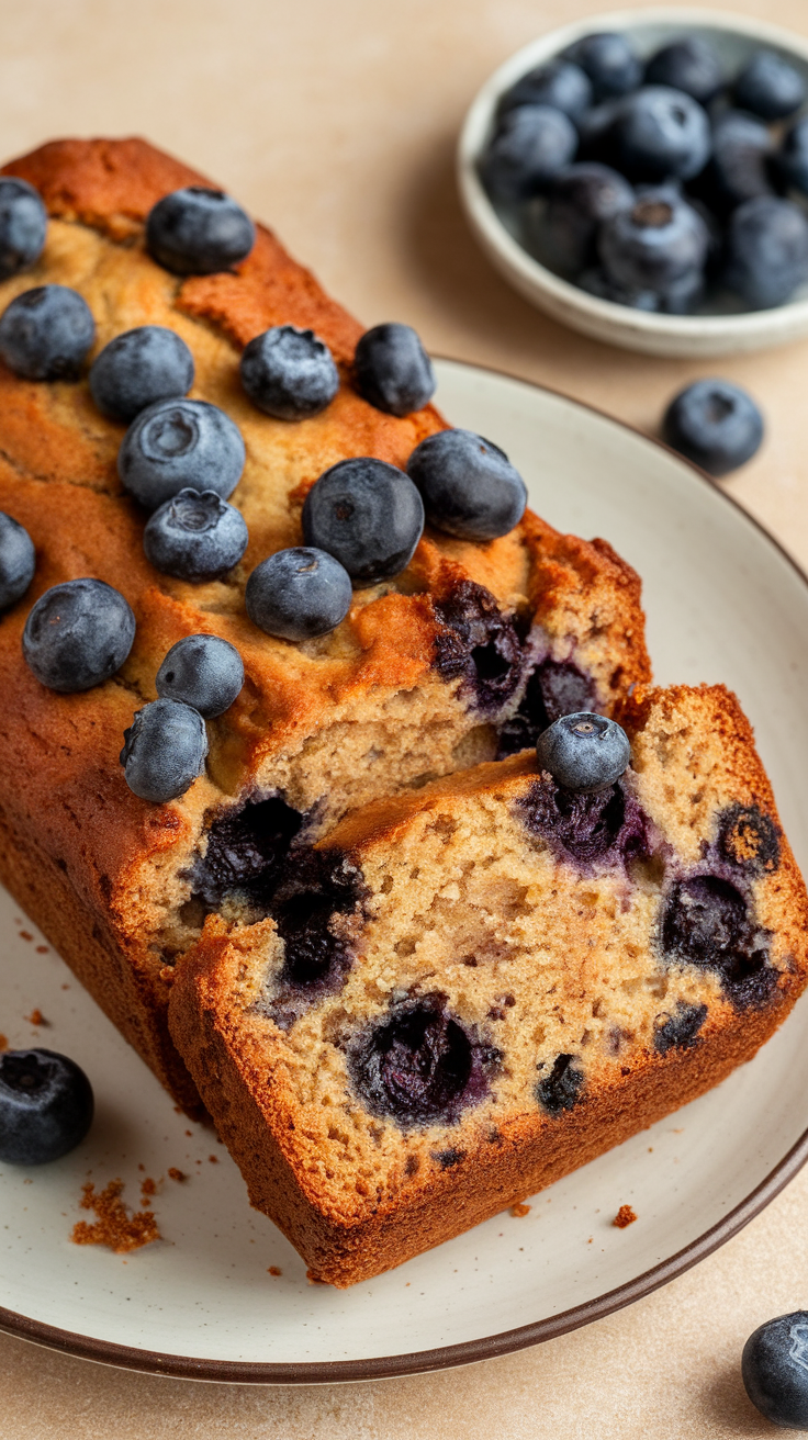 A delicious loaf of blueberry banana bread topped with fresh blueberries and sliced to show its moist texture.