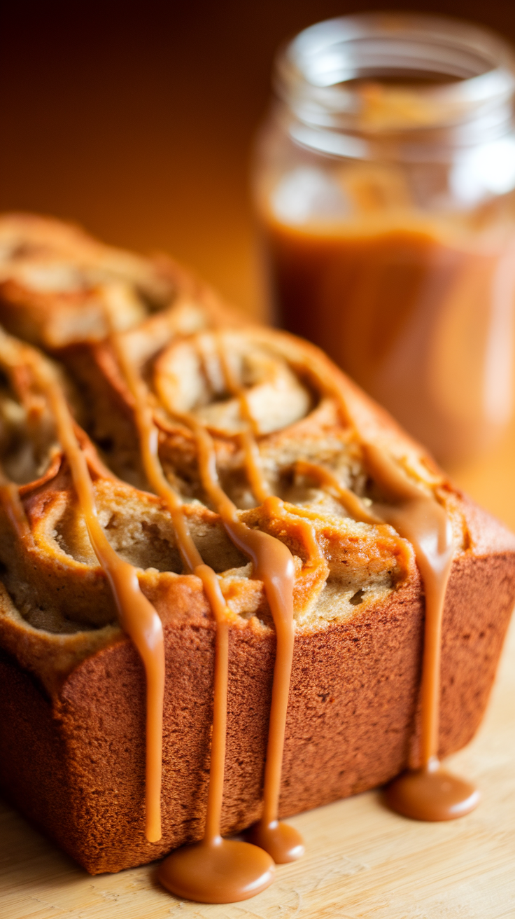 A loaf of caramel swirl banana bread with caramel drizzle on top next to a jar of caramel sauce.