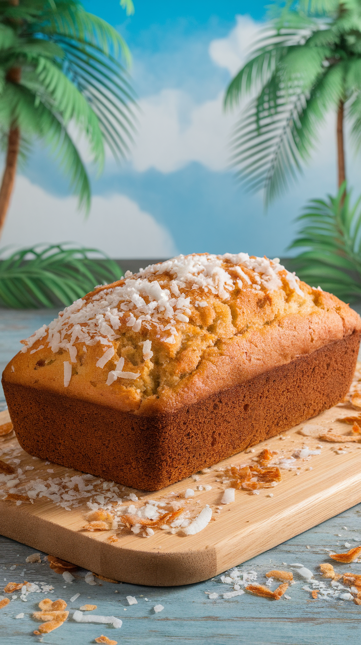 A freshly baked loaf of coconut banana bread topped with shredded coconut, placed on a wooden board with palm trees in the background.