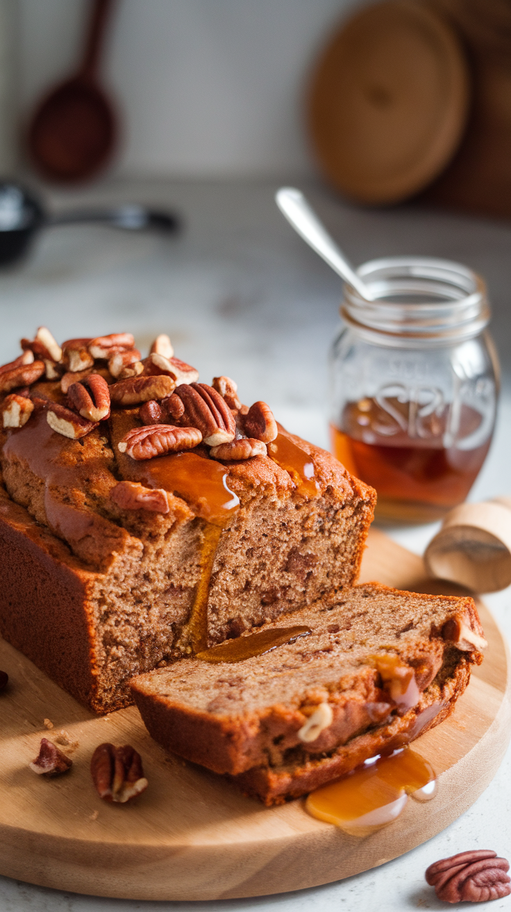 A loaf of maple pecan banana bread topped with pecans and drizzled with syrup, placed on a wooden cutting board.