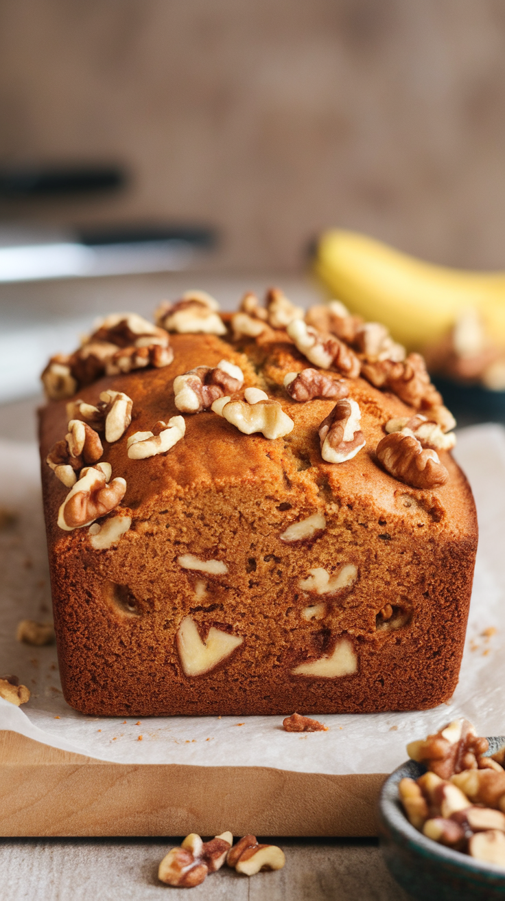 A loaf of nutty banana bread topped with walnuts, placed on a wooden board.