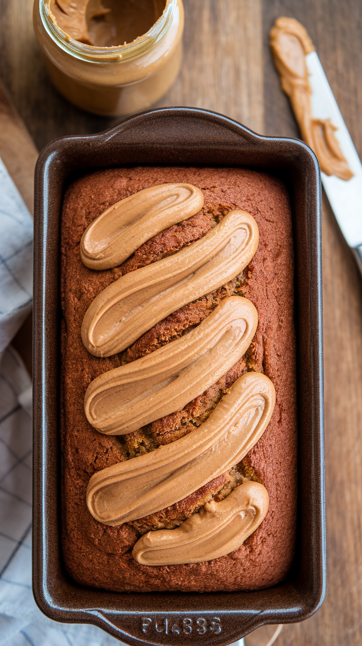 Loaf of peanut butter banana bread with peanut butter drizzled on top