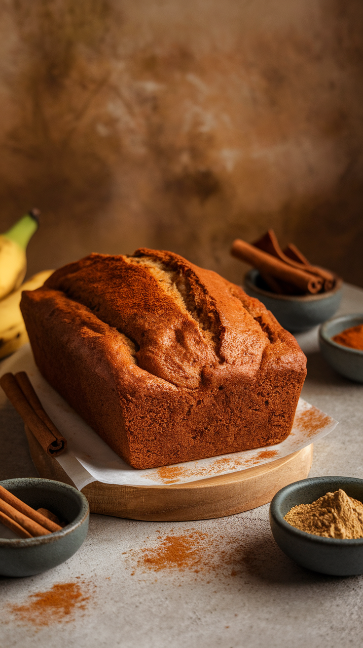 A delicious loaf of spiced banana bread surrounded by cinnamon sticks and spices.