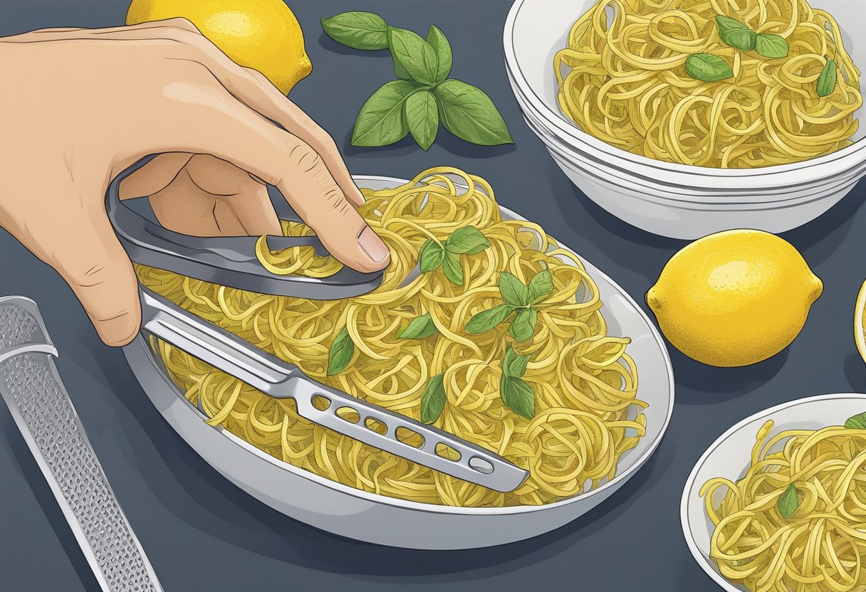 A hand holding a Microplane zester grating lemon zest over a bowl of pasta