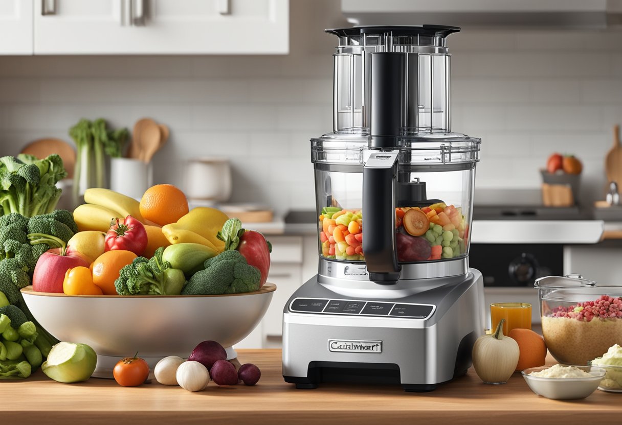 A Cuisinart 12-Cup Food Processor surrounded by fresh fruits, vegetables, and other ingredients, with a budget-friendly cookbook open nearby