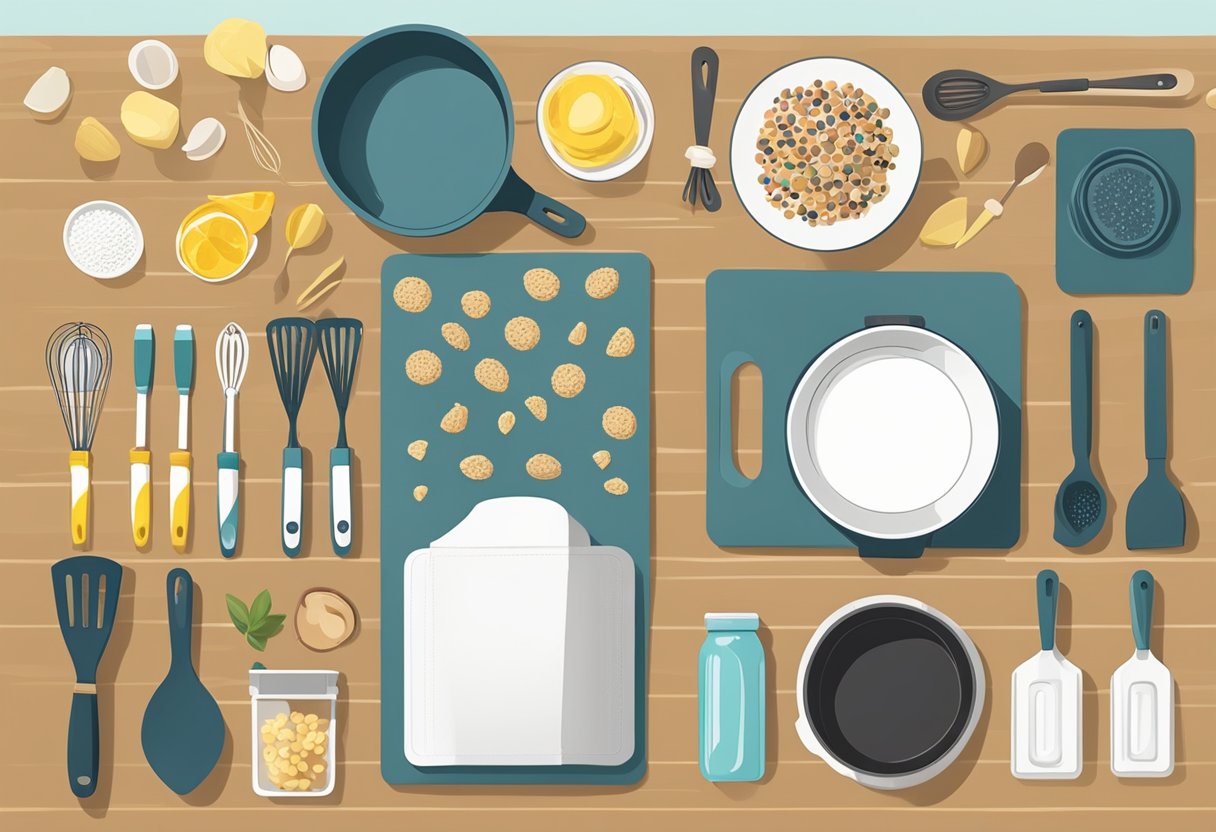 A kitchen counter with a Silpat baking mat laid out next to a variety of cooking utensils and ingredients