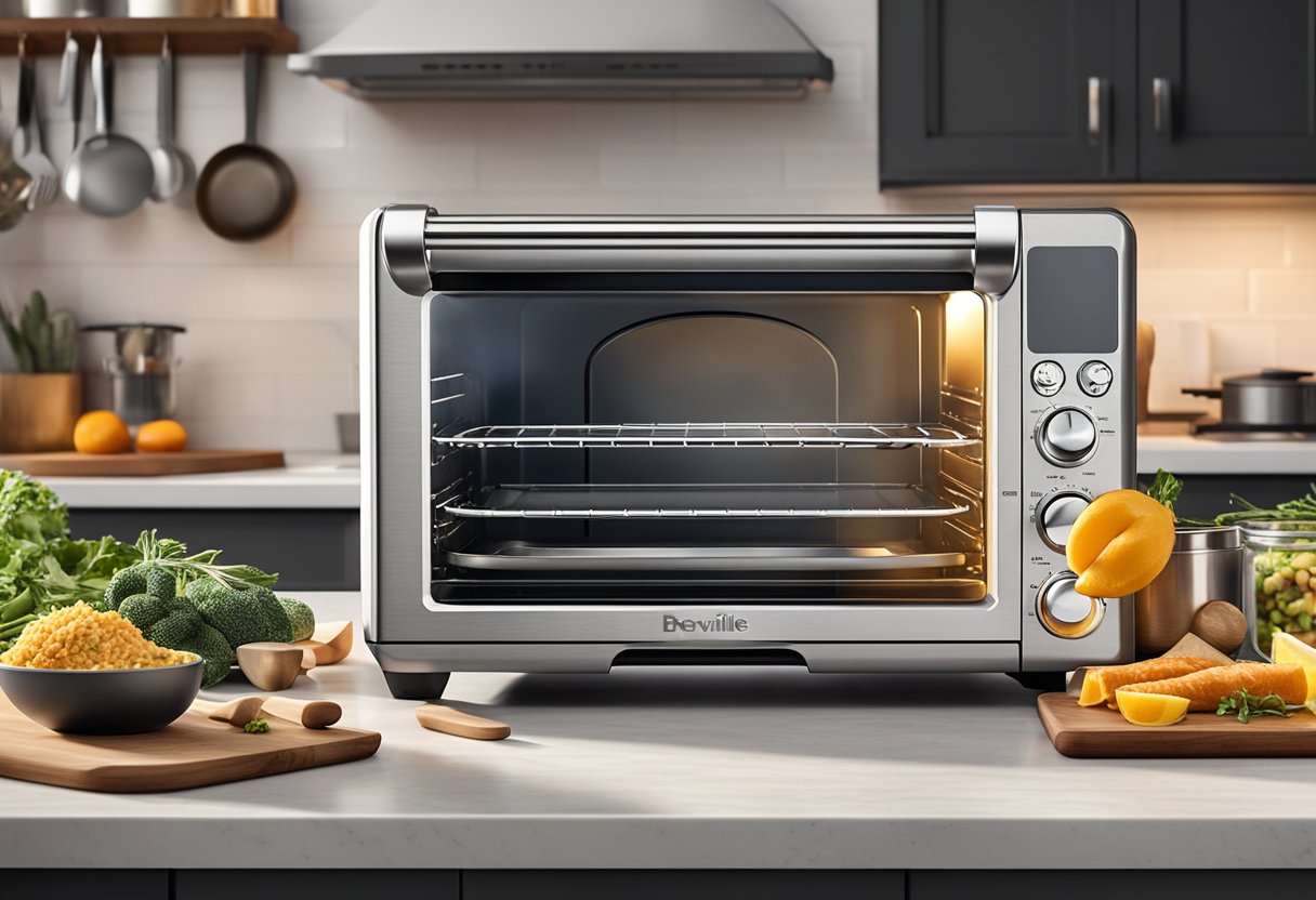 A Breville Smart Oven Air Fryer sits on a countertop, surrounded by various ingredients and kitchen utensils. The oven is in use, emitting a warm glow as it cooks a delicious and budget-friendly meal