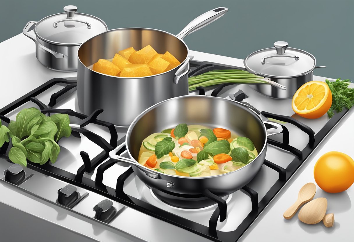 A stainless steel saucepan sits on a stovetop, surrounded by fresh ingredients and cooking utensils