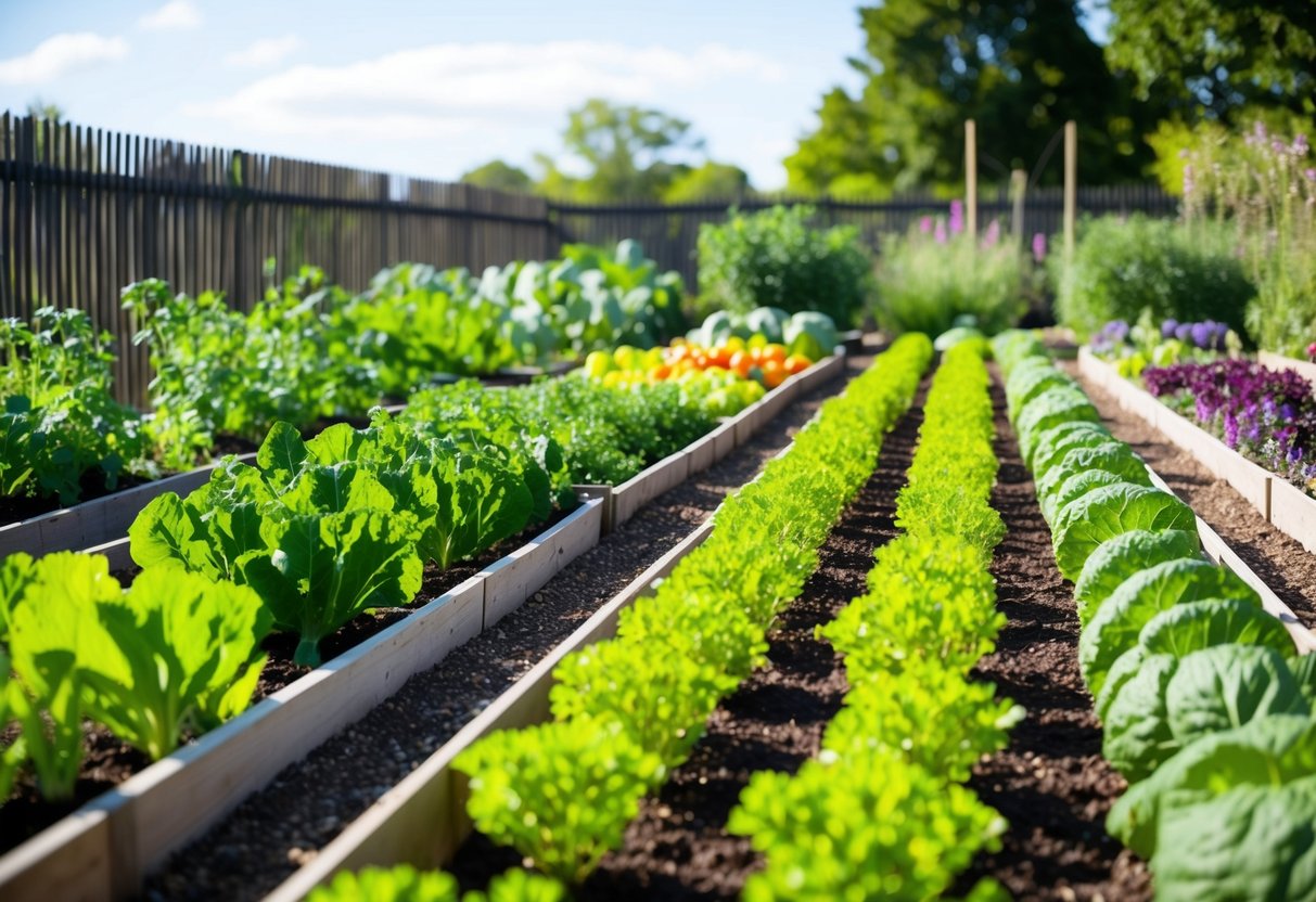 A sunny garden with rows of vibrant vegetables and herbs flourishing in neatly organized beds, surrounded by a fence to keep out pests