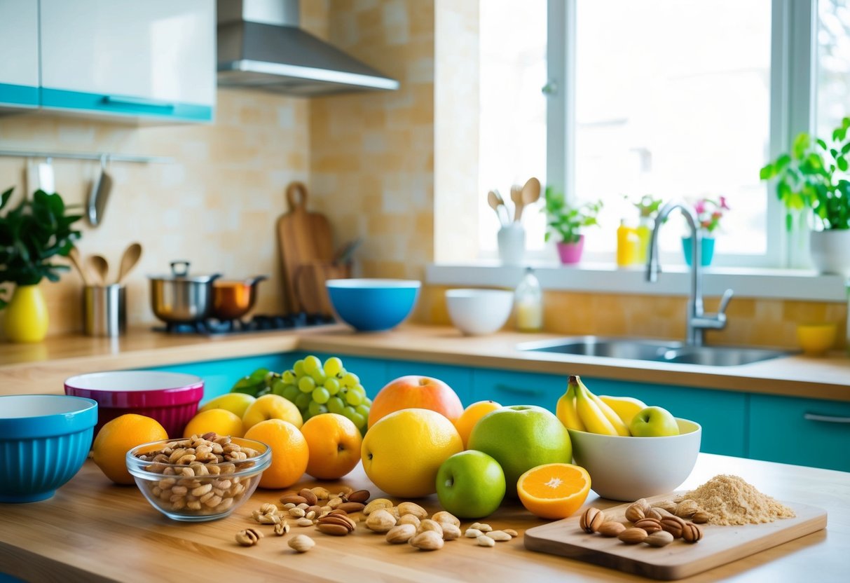 A colorful kitchen counter with fresh fruits, nuts, and baking ingredients arranged neatly next to mixing bowls and utensils