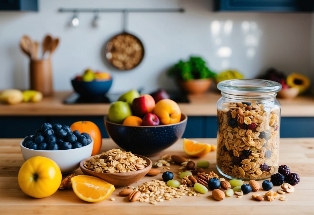 A kitchen counter filled with colorful fruits, nuts, and whole grains. A jar of homemade granola sits next to a bowl of fresh berries