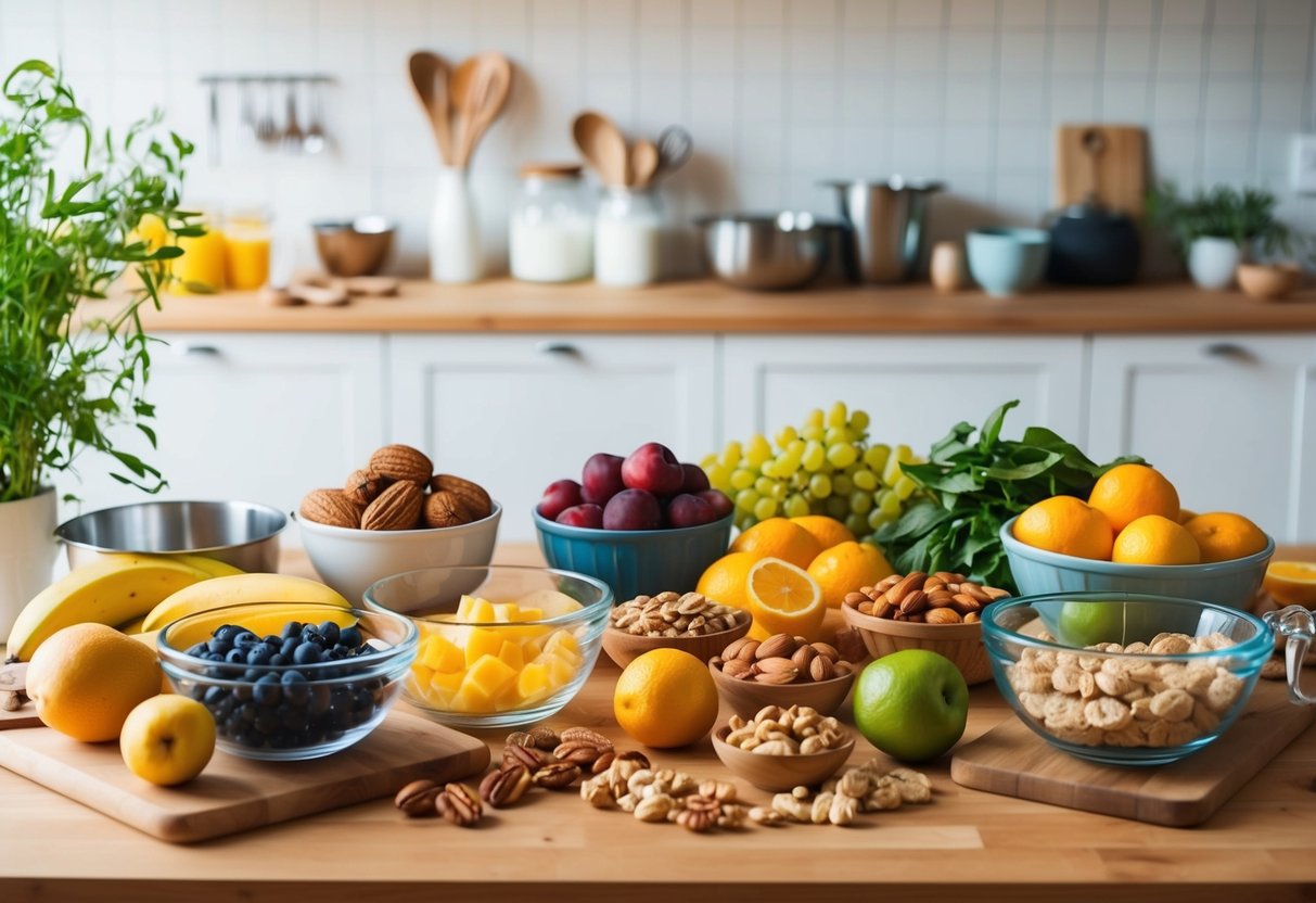 A kitchen counter filled with fresh fruits, nuts, and ingredients for homemade snacks and treats. Cutting boards, mixing bowls, and baking utensils are neatly arranged
