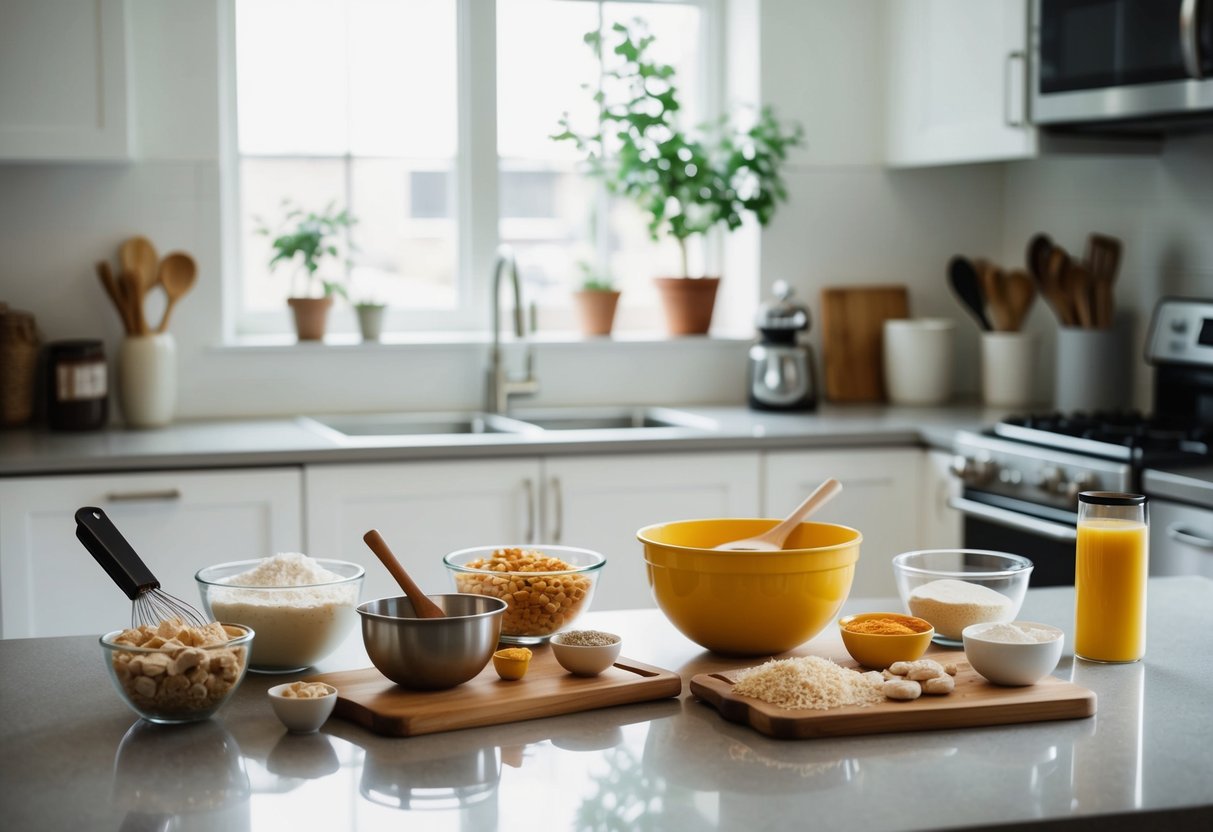 A kitchen counter with assorted ingredients, mixing bowls, and utensils for making homemade snacks and treats