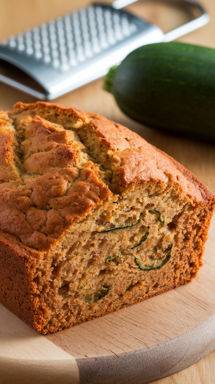 A freshly baked zucchini banana bread loaf on a wooden cutting board, with a grater and whole zucchini in the background.