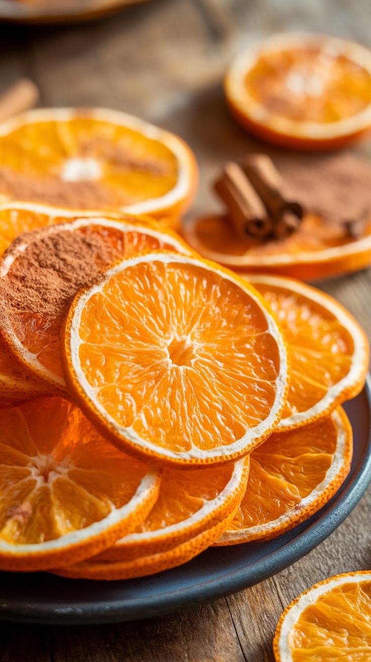 Homemade Dehydrated Orange Slices Recipe A plate of bright dehydrated orange slices dusted with cinnamon on a rustic wooden table.