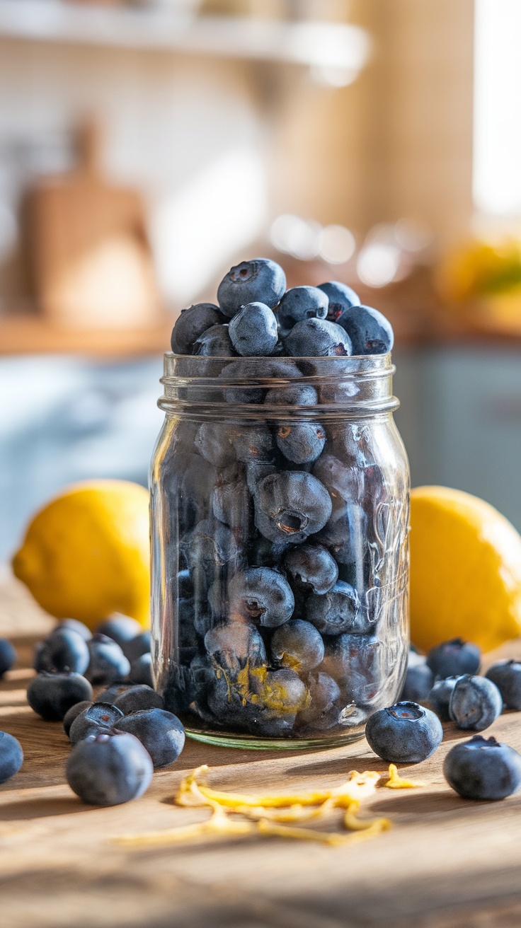Homemade Dehydrated Blueberries Recipe A jar of dehydrated blueberries with fresh blueberries and lemon zest on a rustic table.