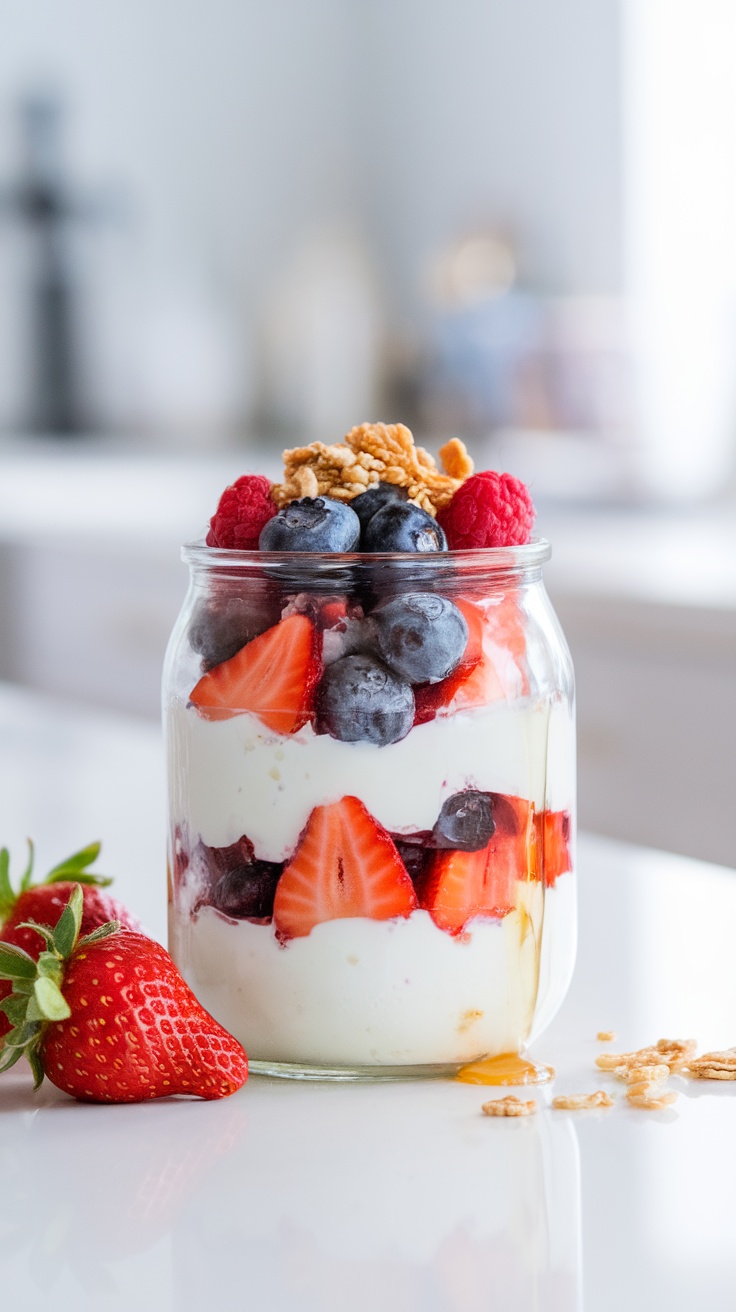 Easy and Delicious Mixed Berry Yogurt Parfait Colorful mixed berry yogurt parfait in a clear jar with Greek yogurt and granola.