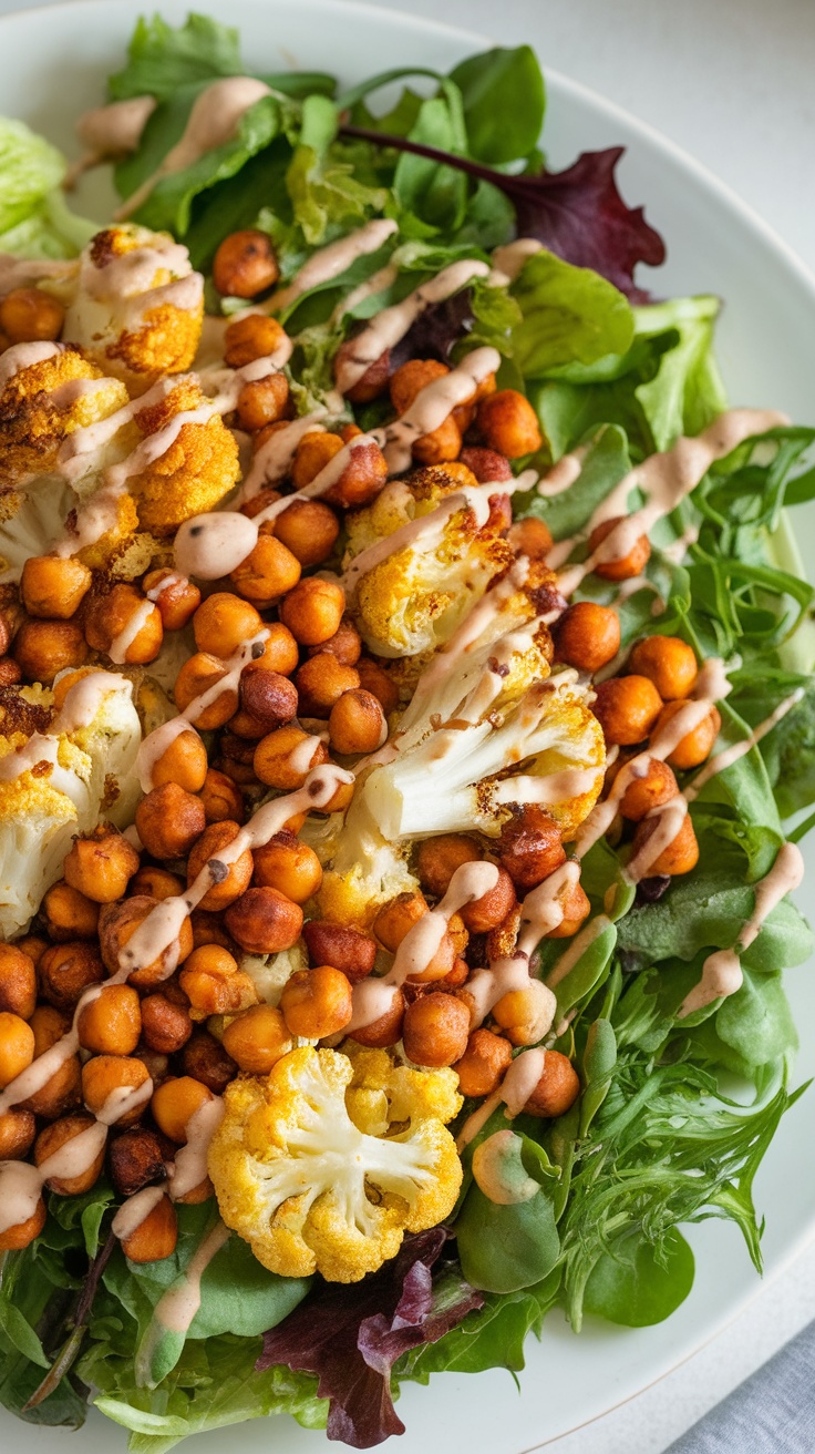 A vibrant salad featuring crispy air-fried cauliflower and chickpeas on a bed of greens, drizzled with creamy dressing.
