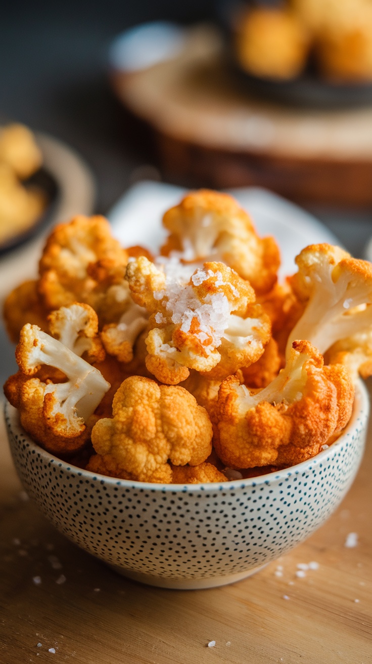 A bowl of air fryer cauliflower popcorn with sea salt