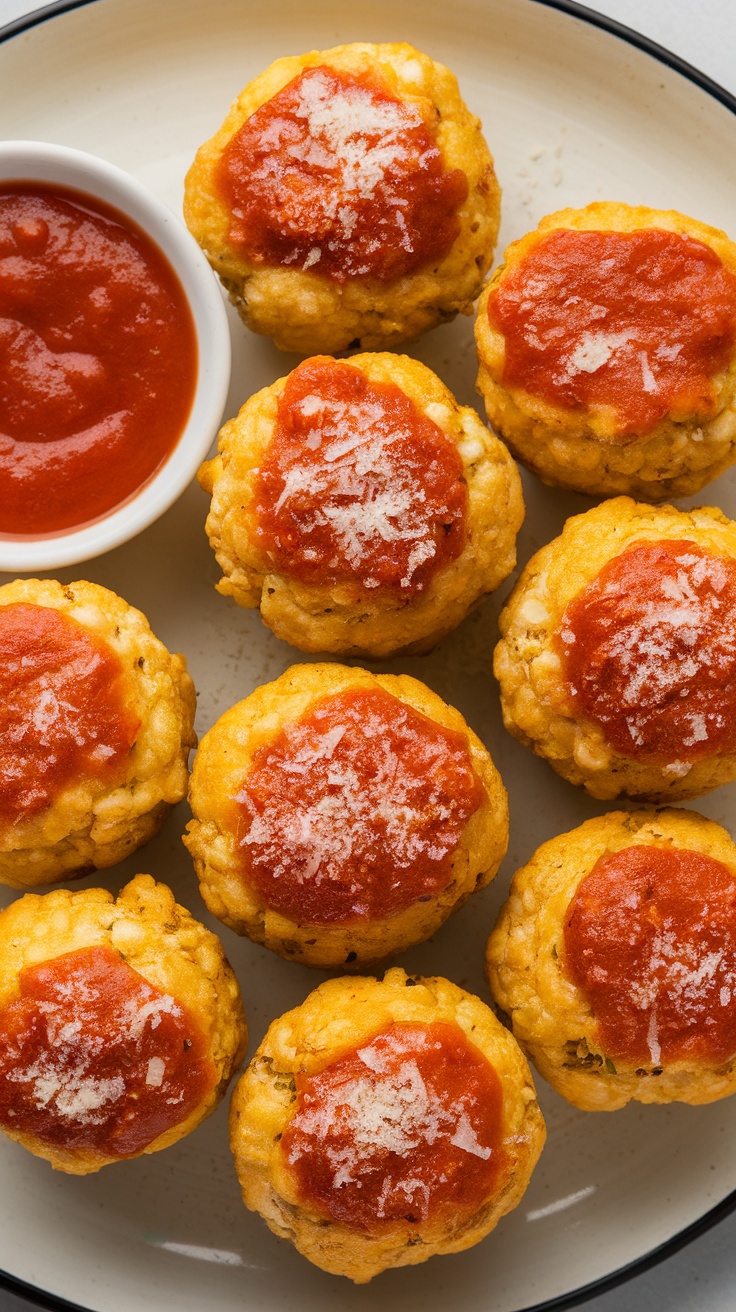 Crispy air fryer cauliflower rice balls topped with a rich sauce and sprinkled with cheese, served on a plate.