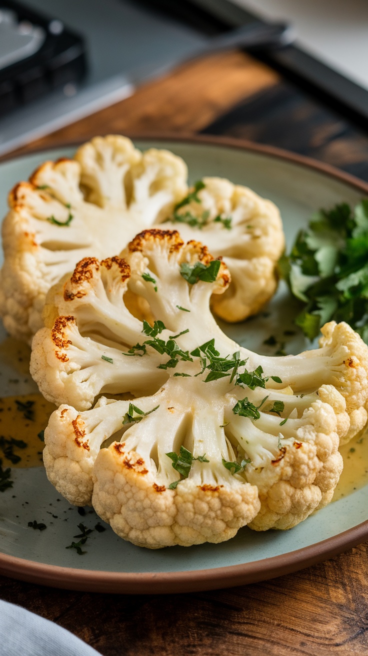 Air fryer cauliflower steaks garnished with herbs on a plate