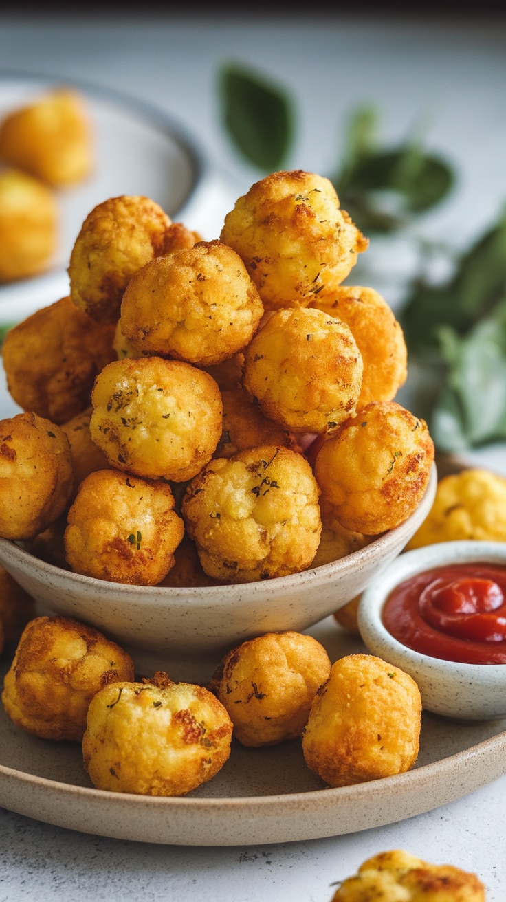 A plate of golden brown cauliflower tater tots served with ketchup
